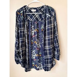 Westport Womens Long Sleeve Plaid Floral Patchwork Top Size L Boho Cottage